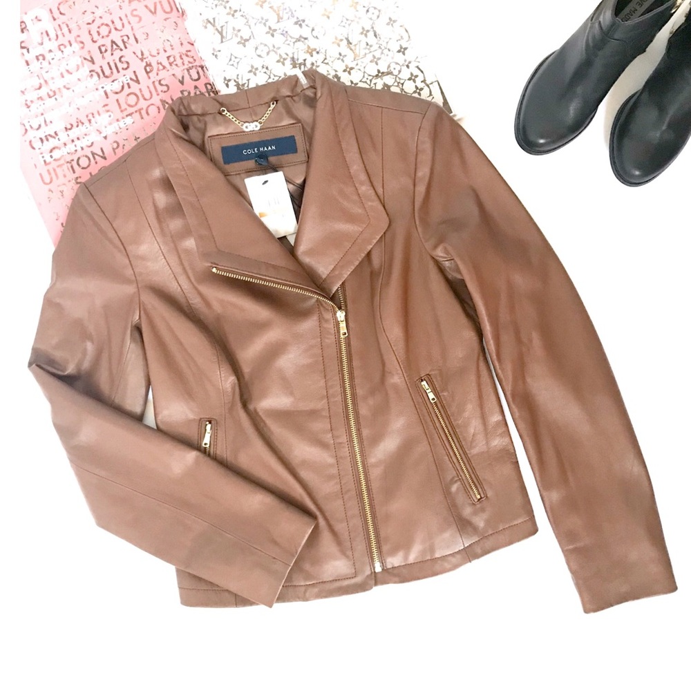 Cole Haan Lambskin Leather Jacket Brown Coat